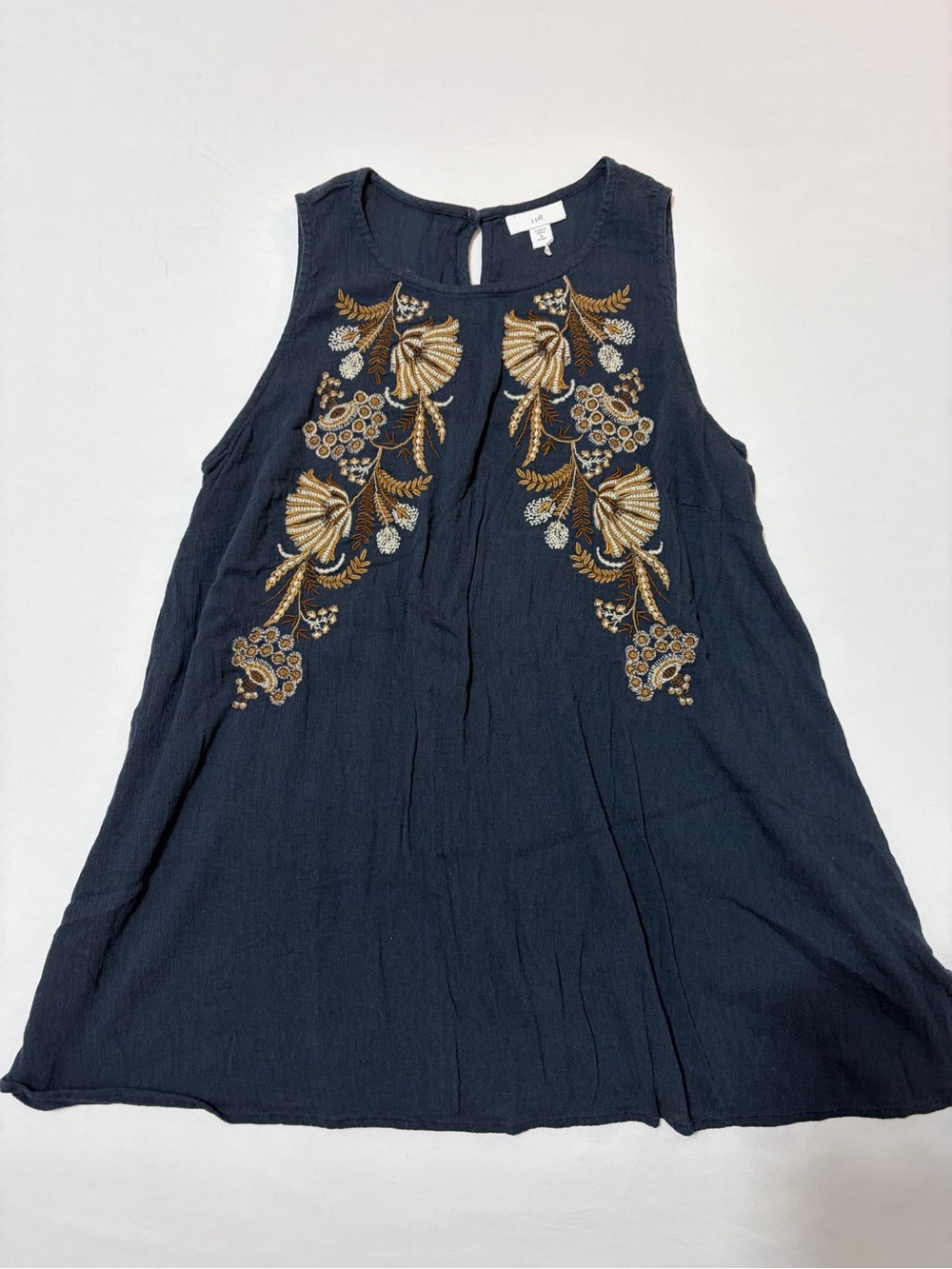 J. Jill Embroidered Tank Top Medium Petite Navy Blue Floral Sleeveless Blouse
